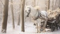 White horse pulling a carriage in snowy forest generated by AI tool