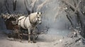 White horse pulling a carriage in snowy forest generated by AI tool