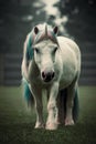 A white horse with rainbow colored mane standing in a field, AI Royalty Free Stock Photo