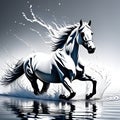 a white horse running across a body of water, digital horse, white horse.