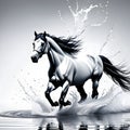 a white horse running across a body of water, digital horse, white horse.