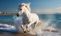 White horse running on the beach and splashing water in the sea Royalty Free Stock Photo