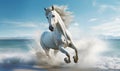 White horse running on the beach and splashing water in the sea Royalty Free Stock Photo