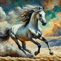 a white horse running in a desert on a cloudy day Royalty Free Stock Photo