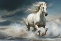 White horse running in the desert. The galloping white horse. Royalty Free Stock Photo