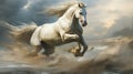 White horse running in the desert. The galloping white horse. Royalty Free Stock Photo