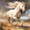 White horse running in the desert. The galloping white horse. Royalty Free Stock Photo