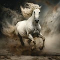 White horse running in the desert. The galloping white horse. Royalty Free Stock Photo