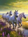 white horse running on the grass near the lake, rural charm illustration