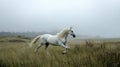 Majestic White Horse Galloping Through Foggy Grassy Field. Royalty Free Stock Photo