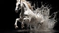 White Horse is running in the water and splashing with black background