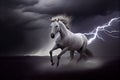 A white horse runs through dark storm clouds among lightning. Generate Ai Royalty Free Stock Photo