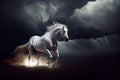 A white horse runs through dark storm clouds among lightning. Generate Ai Royalty Free Stock Photo
