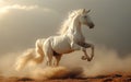White horse runs gallop in the dust over the hill Royalty Free Stock Photo