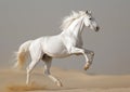 White horse runs gallop on sand in the desert. A white horse standing on its hind legs in the desert Royalty Free Stock Photo