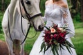 White horse sniffs Bridal bouquet in bride`s hands Royalty Free Stock Photo