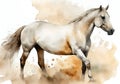 White horse on white and splashed brown paint background, watercolor illustration. Royalty Free Stock Photo