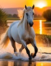 White Horse Splashing Through Water at Dusk Royalty Free Stock Photo