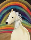 white horse, stalion with a rainbow in background, ai generated image