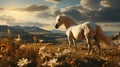 Dramatic Splendor: Majestic White Horse Grazing In Scenic Hills