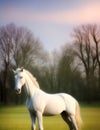 A white horse stands majestically in a grass field