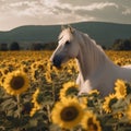 White horse in sunflower field at sunset. Beautiful landscape with horse Royalty Free Stock Photo