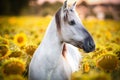 White horse in sunflower-filled field on sunny day Royalty Free Stock Photo