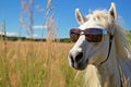 a white horse with sunglasses in a sunlit pasture