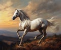 White Horse on a Top of Hill at Sunset .AI generated Illustration