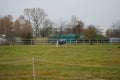 A white horse under a gray papon grazes in a paddock pasture at the Stadtrandhof, Waltersdorfer Chaussee, 12529 Schoenefeld