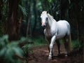 white horse walking in the forest in the afternoon
