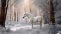 White horse in winter forest with beautiful magic light on glittering snow, AI Generative illustration