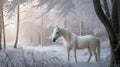 White horse in winter forest with beautiful magic light on glittering snow, AI Generative illustration