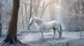 White horse in winter forest with beautiful magic light on glittering snow, AI Generative illustration