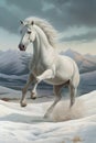 White horse in winter landscape. Digital painting. 3D illustration.