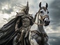 White horseman of apocalypse warrior in armor riding white horse AI