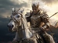 White horseman of apocalypse warrior in golden armor riding white horse AI