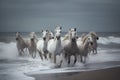 White Horse Herd in Wild, Running Stallion by Seaside, Beautiful Horse, Abstract Generative AI Illustration Royalty Free Stock Photo