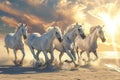 White Horses Herd in Wild, Running Stallion by Seaside, Beautiful Grey Horse, Sun Rays, Copy Space Royalty Free Stock Photo