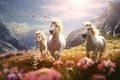 White horses run through beautiful fantasy dream flower meadows. Animal horse background AI Generated Royalty Free Stock Photo