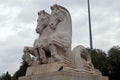 White horses sculptures surrounding the Monumental Fountain in the Empire Square in Belem, Lisbon, Portugal