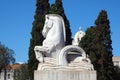 White horses sculptures surrounding the Monumental Fountain in the Empire Square in Belem, Lisbon, Portugal