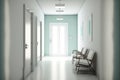 White hospital corridor with doors and white chairs for patients waiting for the doctor visit. A poster. Generative AI