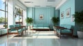 White hospital lobby with a door and white chairs for patients waiting for the doctor visit. A poster