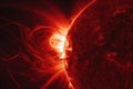 white-hot solar flare, with dramatic coronal loops and prominences visible