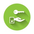 White Hotel door lock key icon isolated with long shadow. Green circle button. Vector Royalty Free Stock Photo