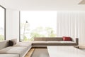 White hotel living room interior with couch and coffee table, panoramic window Royalty Free Stock Photo