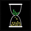 White hourglass with dollar and euro money signs. Black background