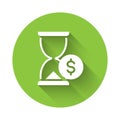 White Hourglass with dollar icon isolated with long shadow. Money time. Sandglass and money. Growth, income, savings