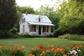 White House Amidst Lush Flowers and Towering Trees, a Serene and Natural Setting, A converted old schoolhouse providing a sense of